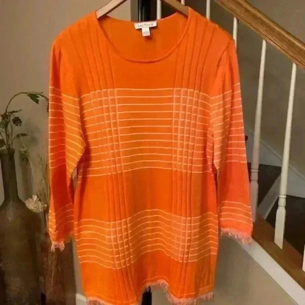 BELFORD Pima Cotton Textured Sweater Fringed Cuffs and Hem Size Large